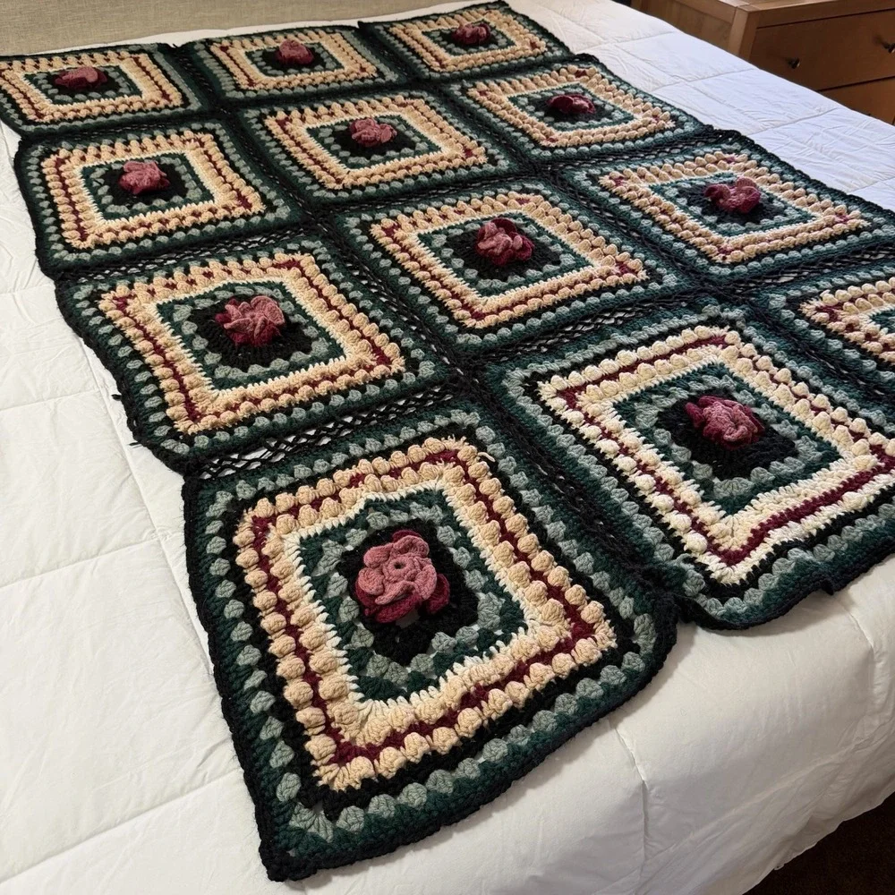 Hand Crocheted Granny Square Afghan Throw Blanket Floral 70